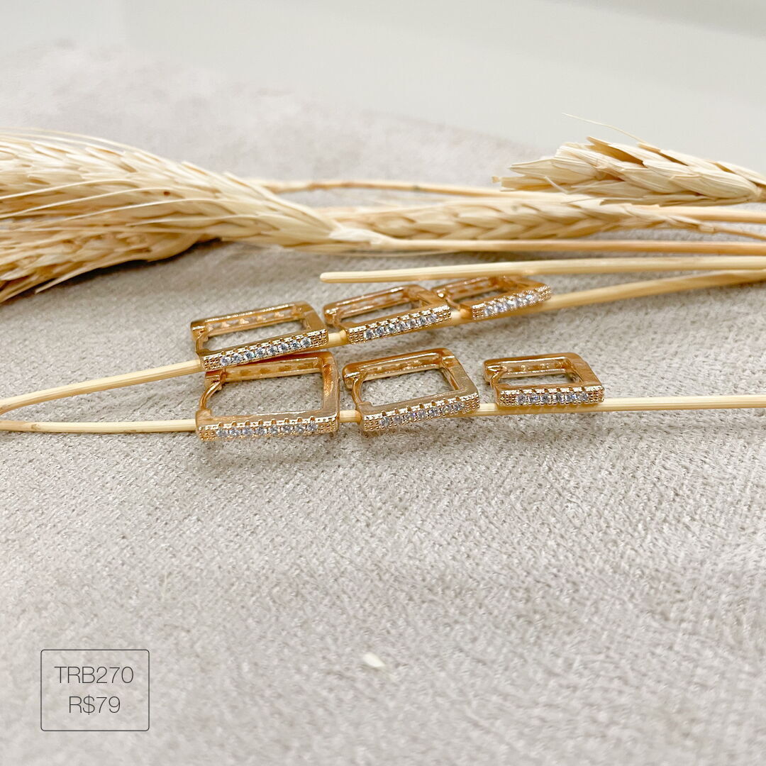 Trio de Argola Quadrada Cravejada Cristal Dourado